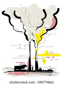 Air pollution from the smokestack of factory, Hand drawn vector scribble illustration