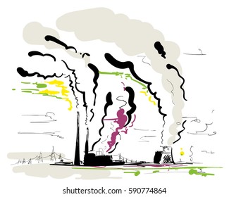 Air pollution from the smokestack of factory, Hand drawn vector scribble illustration