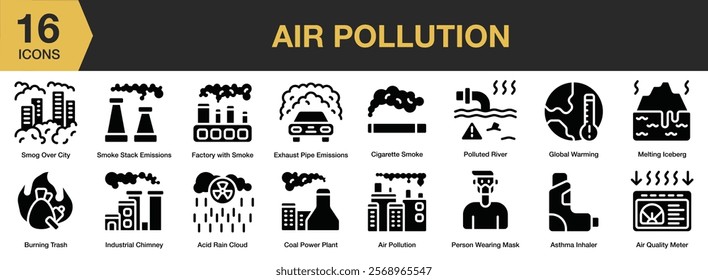 Air Pollution solid icon set. Includes pollution, environment, air, smoke, toxic, climate, and More. Solid icons vector collection.