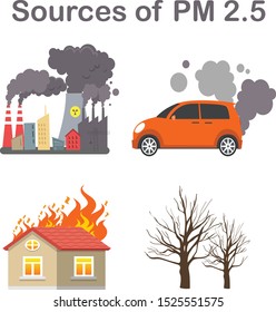 Air pollution source PM 2.5 dust Infographic Environmental pollution Infographic Industrial smog, air pollution and pollutant fog gas concept. vector flat icons cartoon design eps10 illustration.