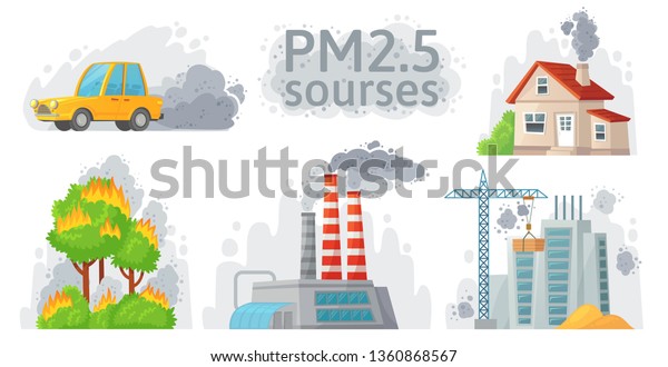 Air pollution source. PM 2.5 dust, dirty environment\
and polluted air sources infographic. Industrial outdoor fog, town\
pollution or city dust danger. Cartoon vector isolated symbols\
illustration set