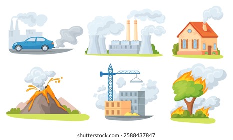 Air pollution sources. Carbon dioxide emissions, PM 2. 5 dust smog dirty ecology industry gas production car city building construction pollute environment neat vector illustration original artwork