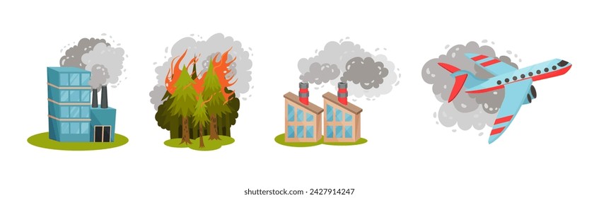 Air Pollution Sources with Industrial Fume and Toxic Waste Emission Vector Scene Set