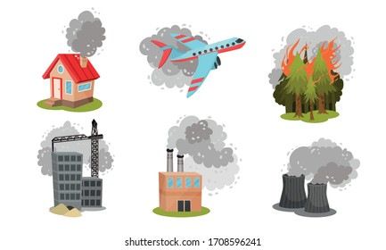 Air Pollution Sources with Industrial Radioactive Waste and Smoke Vector Scene Set