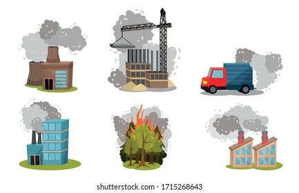 Air Pollution Sources with Industrial Radioactive Waste and Smoke from Road Traffic Vector Scene Set