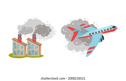 Air Pollution Sources with Industrial Radioactive Waste and Air Traffic Vector Scene Set