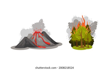 Air Pollution Sources with Smoke from Volcano Eruption and Destructive Fire Vector Scene Set