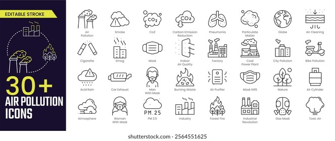 Air Pollution Stroke icon collections. Containing CO2, mask, air filter, PM 2.5, air purifier, car exhaust, indoor air quality, smog and more. Editable Stroke icon collection Outline icon