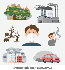 Air pollution in town source. example toxic from factory , Forest fires and people in the city.  PM 2.5 dust health danger, dirty environment, industrial outdoor fog. vector illustration