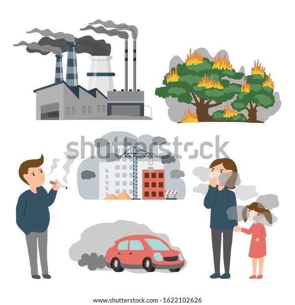 Air pollution in town source. example toxic\
from factory , Forest fires and people in the city.  PM 2.5 dust\
health danger, dirty environment, industrial outdoor fog. vector\
illustration