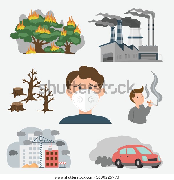 Air pollution in town source. example toxic\
from factory , Forest fires and people in the city.  PM 2.5 dust\
health danger, dirty environment, industrial outdoor fog. vector\
illustration