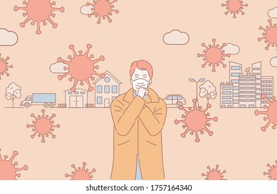 Air pollution vector cartoon outline illustration. Man in protective face mask standing in the city surrounded by coronavirus cells. Self isolation and social distancing concept.