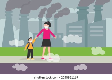 Air pollution vector concept: Mother and his son walking in industrial area with air pollution while wearing face mask