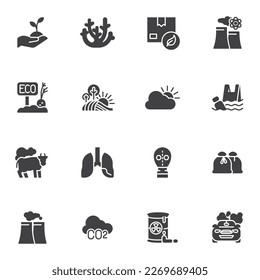 Juego de iconos vectoriales de contaminación del aire, colección moderna de símbolos sólidos, paquete de pictogramas estilo relleno. Señales, ilustración del logotipo. El juego incluye iconos como contaminación del agua, humo, polvo, gas, emisiones, humo de tubería