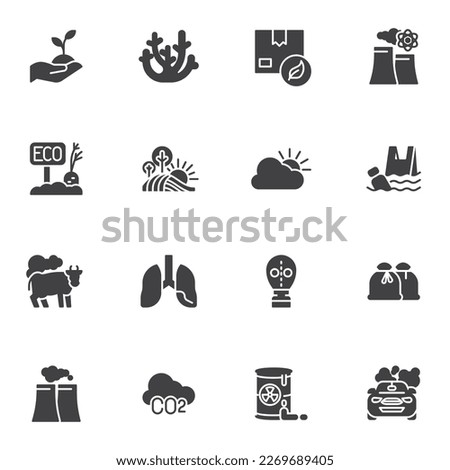 Air pollution vector icons set, modern solid symbol collection, filled style pictogram pack. Signs, logo illustration. Set includes icons as water pollution, smoke, dust, gas, emission, pipe smoke