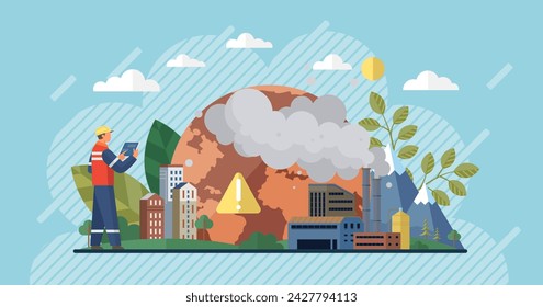 Air pollution vector illustration. Contamination is dark shadow cast by sinister hand air pollution The protective armor our ecological warriors is tested in face rampant air pollution