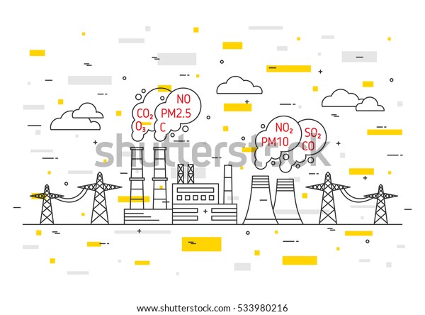 Air pollution vector illustration. Electric power\
station and toxic smog (smoke, fog) concept. Coal electricity\
industry with hazardous elements (co2, dioxide, carbon, no, no2,\
pm10) graphic design.