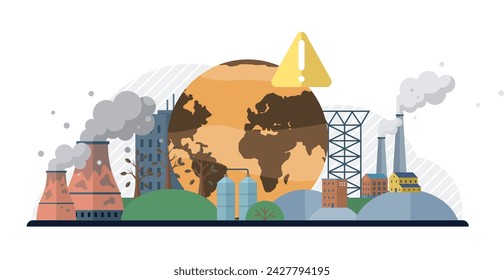 Vektor-Illustration der Luftverschmutzung. Der schützende Mantel unseres Ökosystems schwächt sich ab, wenn die Luftverschmutzung toxische Fuß fasst. Die Symphonie-Natur wird von Kakophonie der industriellen Luftverschmutzung übertönt