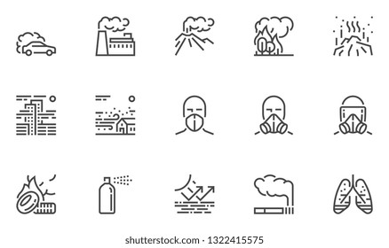 Air Pollution Vector Line Icons Set. Atmospheric Pollution. Natural, Transport, Industrial, Domestic Sources of Air Pollution. Volcanism, Forest Fires. Editable Stroke. 48x48 Pixel Perfect