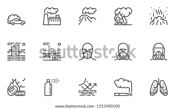 Air Pollution Vector Line Icons Set. Atmospheric\
Pollution. Natural, Transport, Industrial, Domestic Sources of Air\
Pollution. Volcanism, Forest Fires. Editable Stroke. 48x48 Pixel\
Perfect
