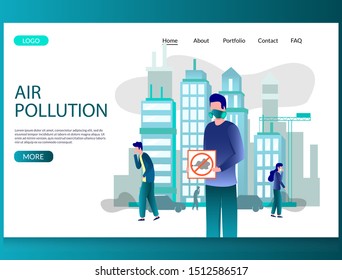 Air pollution vector website template, web page and landing page design for website and mobile site development. People in protective face masks walking in the street, holding stop air pollution sign.