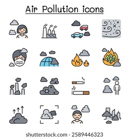 Air pollution, virus crisis, covid-19, corona virus icon set in color line style