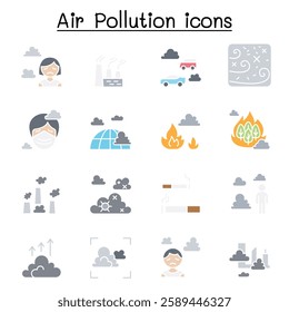 Air pollution, virus crisis, covid-19, corona virus icon set in flat color style