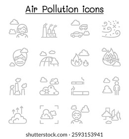 Air pollution, virus crisis, covid-19, corona virus icon set in thin line style