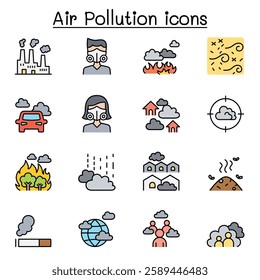 Air pollution and Virus disease icon set in color line style