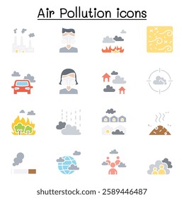 Air pollution and Virus disease icon set in flat color style