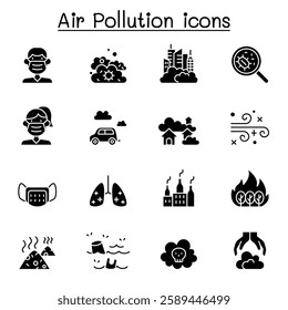 Air pollution and Virus disease icon set in glyph style