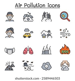 Air pollution and Virus disease icon set in color line style