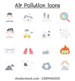 Air pollution and Virus disease icon set in flat color style