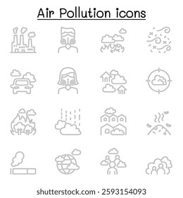 Air pollution and Virus disease icon set in thin line style