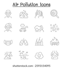 Air pollution and Virus disease icon set in thin line style