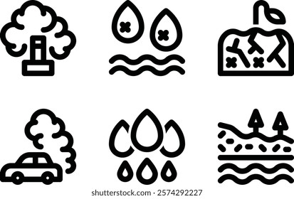 air pollution, water pollution, soil pollution, car emission, water, groundwater outline icon for web mobile app presentation printing