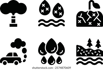 air pollution, water pollution, soil pollution, car emission, water, groundwater solid or glyph icon for web mobile app presentation printing