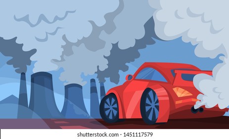 Air pollution web banner concept. Smoke from the factory and automobile. Toxic cloud in the sky. Danger for ecology. Vector illustration in cartoon style