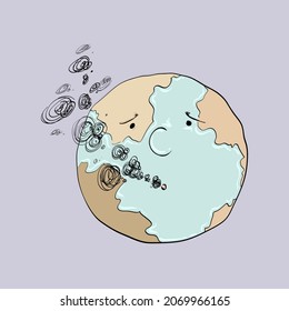 Air pollution. The world in cartoon style has smoke coming out of its mouth. Stop air pollution. Environmental pollution concept. Vector illustration.