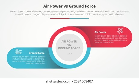 air power vs ground force comparison opposite infographic concept for slide presentation with big circle and round rectangle information on shadow with flat style vector