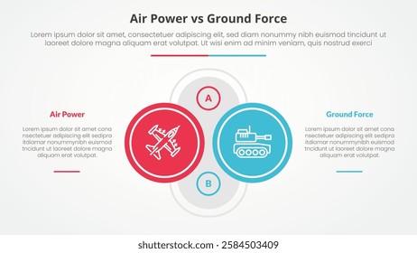 air power vs ground force comparison opposite infographic concept for slide presentation with big outline circle on center with description on left and right with flat style vector