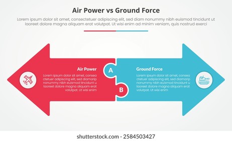 air power vs ground force comparison opposite infographic concept for slide presentation with big arrow shape side by side opposite direction with flat style vector