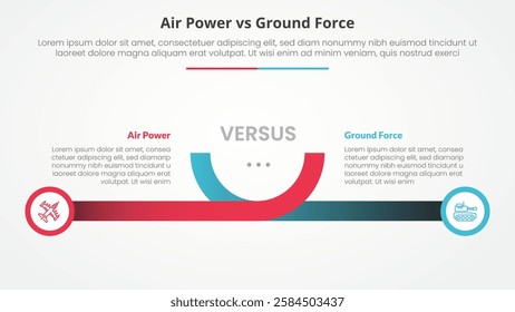 air power vs ground force comparison opposite infographic concept for slide presentation with creative horizontal line and circle edge with flat style vector