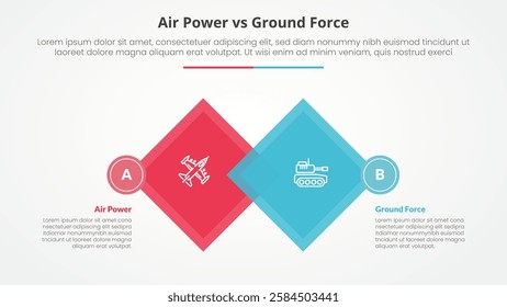 air power vs ground force comparison opposite infographic concept for slide presentation with diamond shape rotate square blending with flat style vector