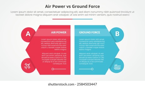 air power vs ground force comparison opposite infographic concept for slide presentation with creative hexagon slice with circle badge with flat style vector