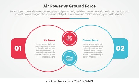 air power vs ground force comparison opposite infographic concept for slide presentation with big outline circle join connection with flat style vector