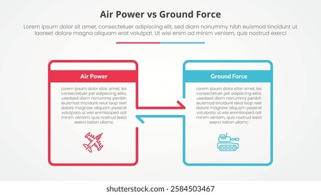 air power vs ground force comparison opposite infographic concept for slide presentation with big box outline and arrow direction with flat style vector