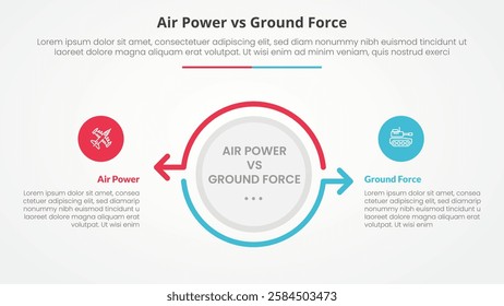 air power vs ground force comparison opposite infographic concept for slide presentation with big circle and arrow outline opposite direction with flat style vector