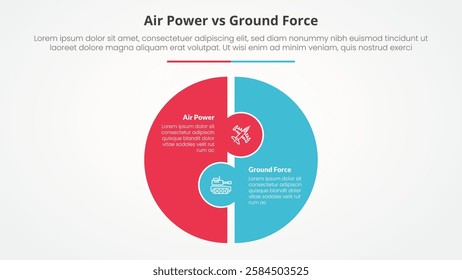 air power vs ground force comparison opposite infographic concept for slide presentation with big circle puzzle shape with flat style vector