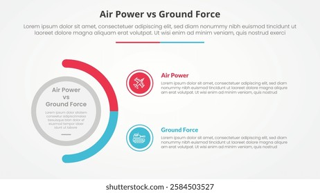 air power vs ground force comparison opposite infographic concept for slide presentation with big circle and half circle variation with flat style vector